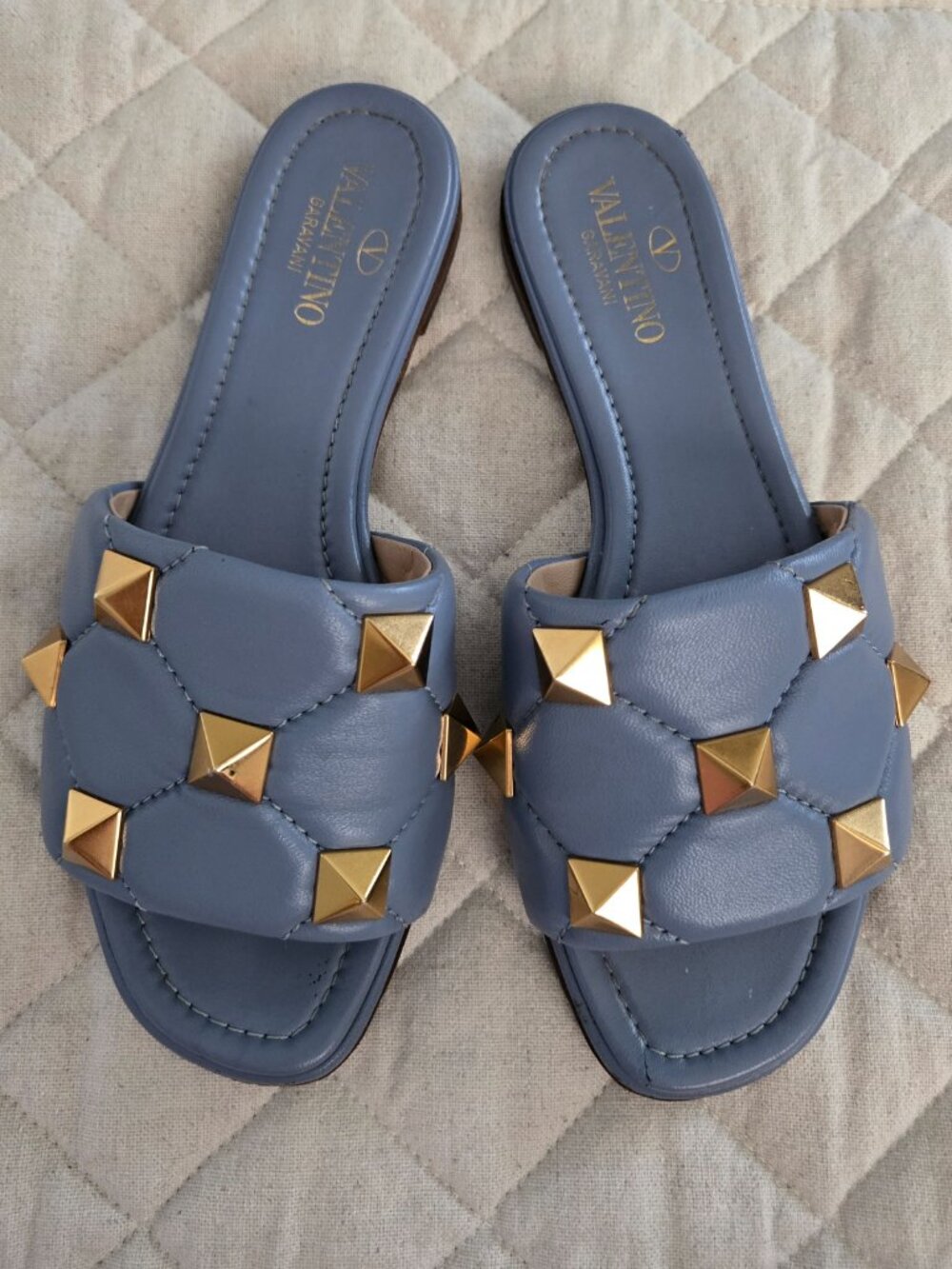 Valentino Garavani Blue Leather Gold Studded Sandals Flip Flops EUR 35.5/ US 5
